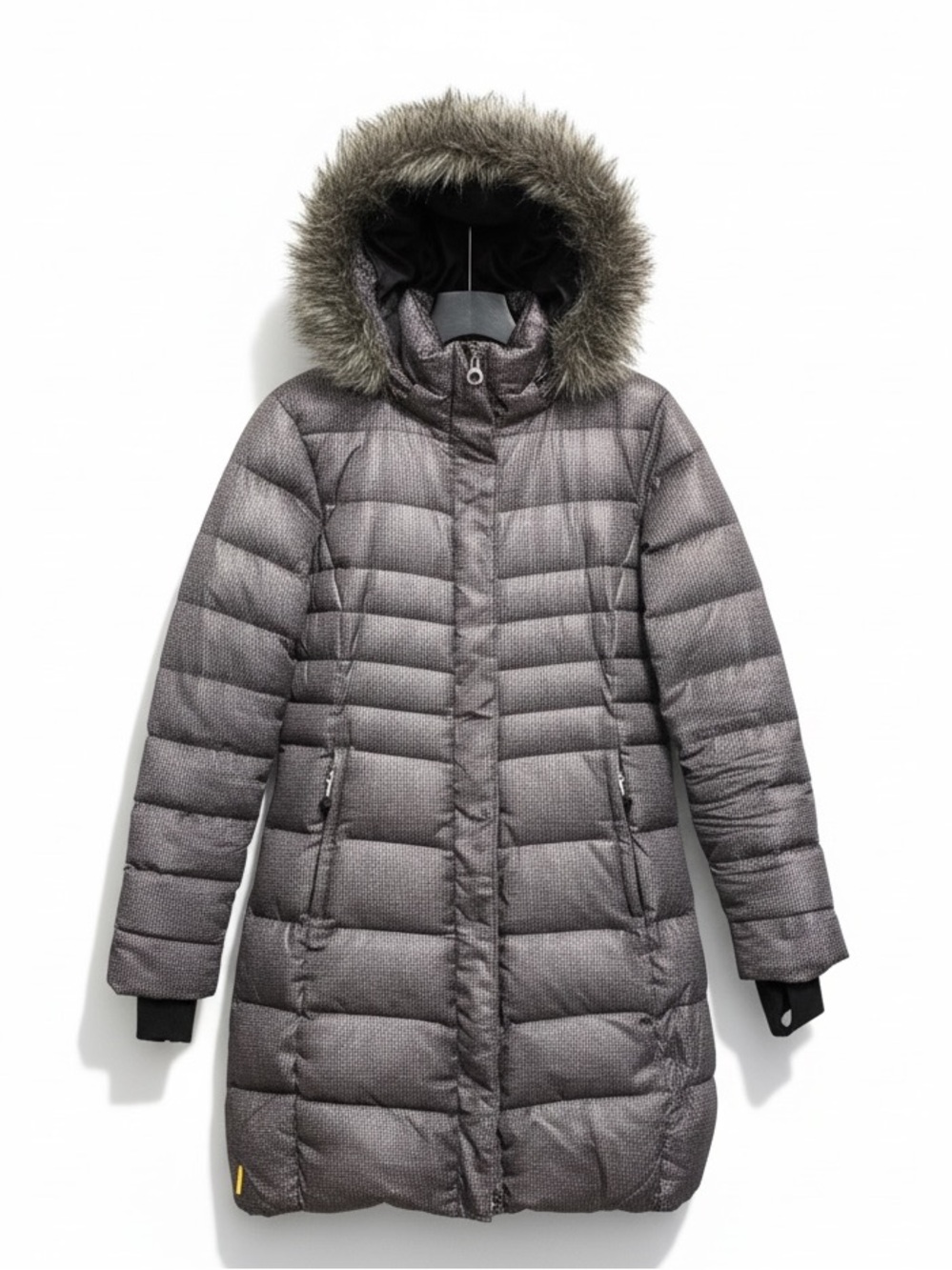 Lolë Long Gray Faux Fur Hood Zip Pockets  Puffer Coat Size L